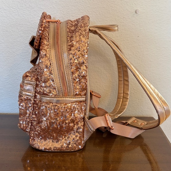Disney Parks Loungefly Rose Gold Sequin Mini Backpack Vintage Heart Logo - Picture 4 of 11